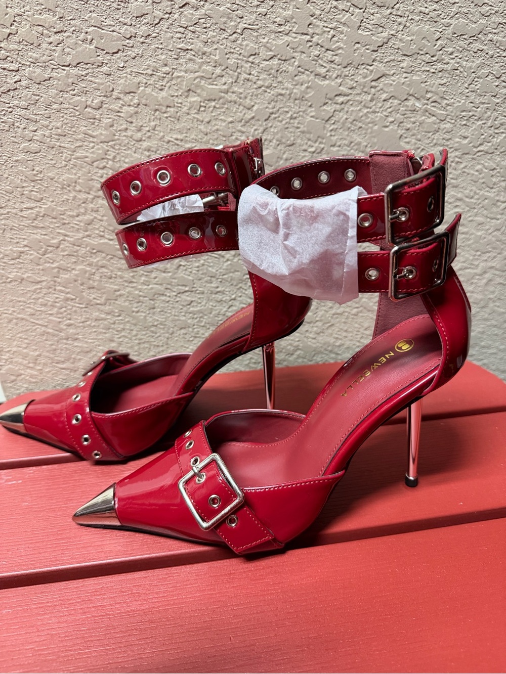 Red Pointed Toe Ankle Strap Stiletto Heels with Buckle Detail NEW